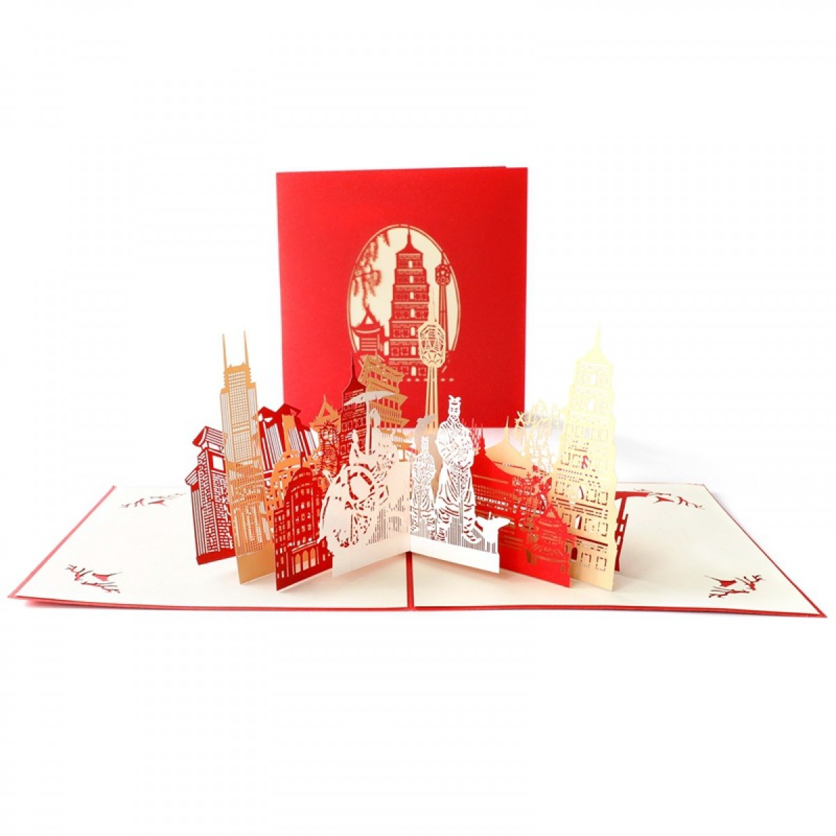 创意3d纸雕祝福卡西安剪影旅游区贺卡中秋节节日商务卡片