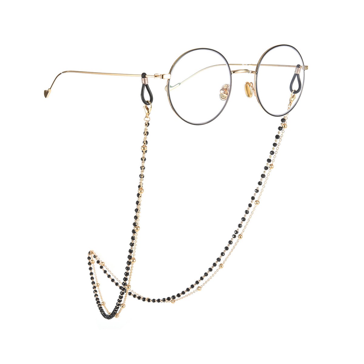 欧美饰品双层合金属黑色水钻眼镜链铜珠链条防滑眼镜配饰女